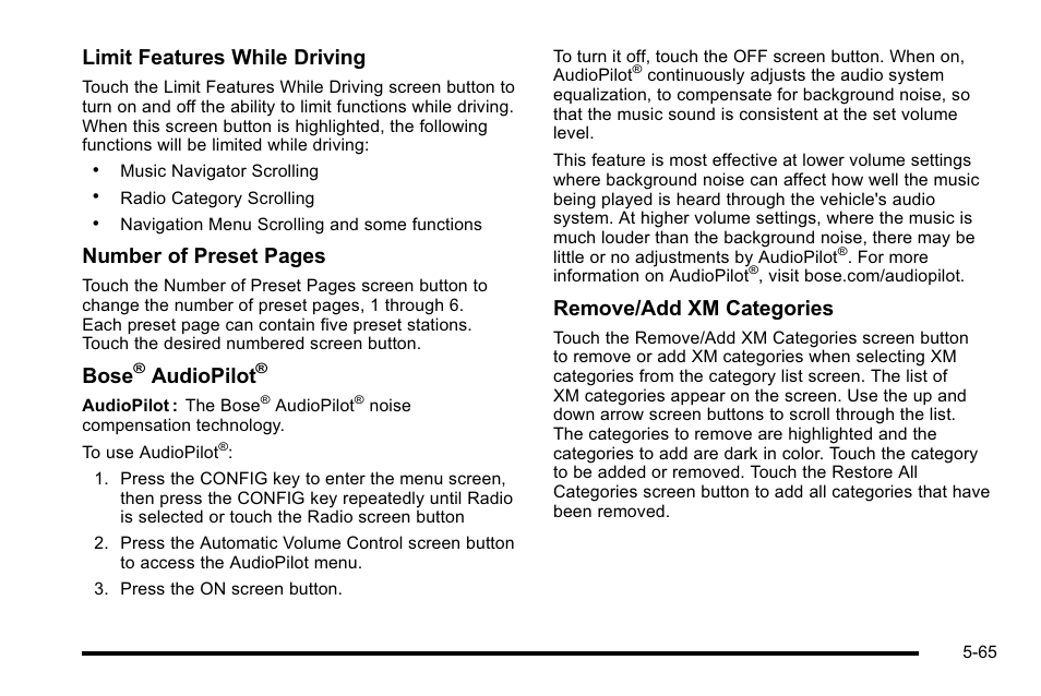 Limit features while driving, Number of preset pages, Bose | Audiopilot, Remove/add xm categories | Cadillac 2010 Escalade EXT User Manual | Page 335 / 580