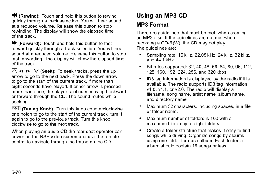 Y © ¨ z, Using an mp3 cd, Mp3 format | Cadillac 2010 Escalade EXT User Manual | Page 340 / 580