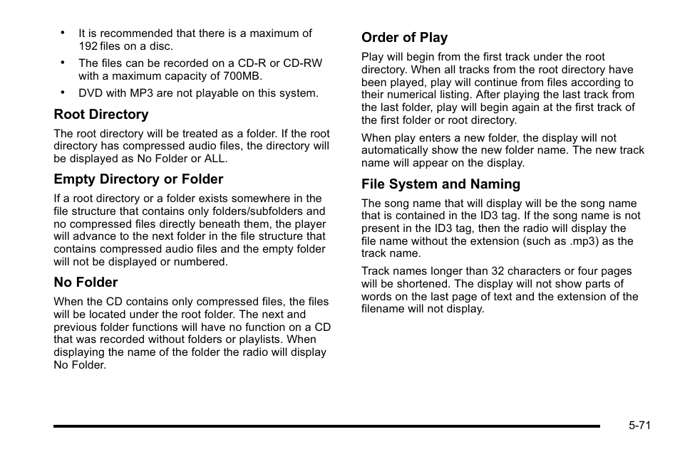 Root directory, Empty directory or folder, No folder | Order of play, File system and naming | Cadillac 2010 Escalade EXT User Manual | Page 341 / 580