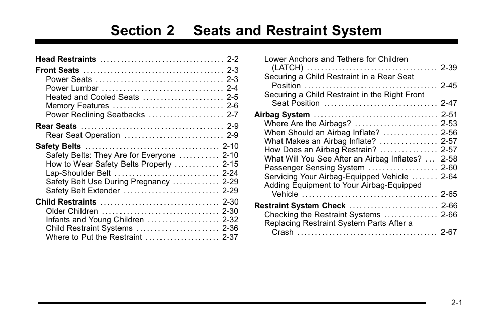 Seats and restraint system, Seats and restraint system -1 | Cadillac 2010 Escalade EXT User Manual | Page 35 / 580