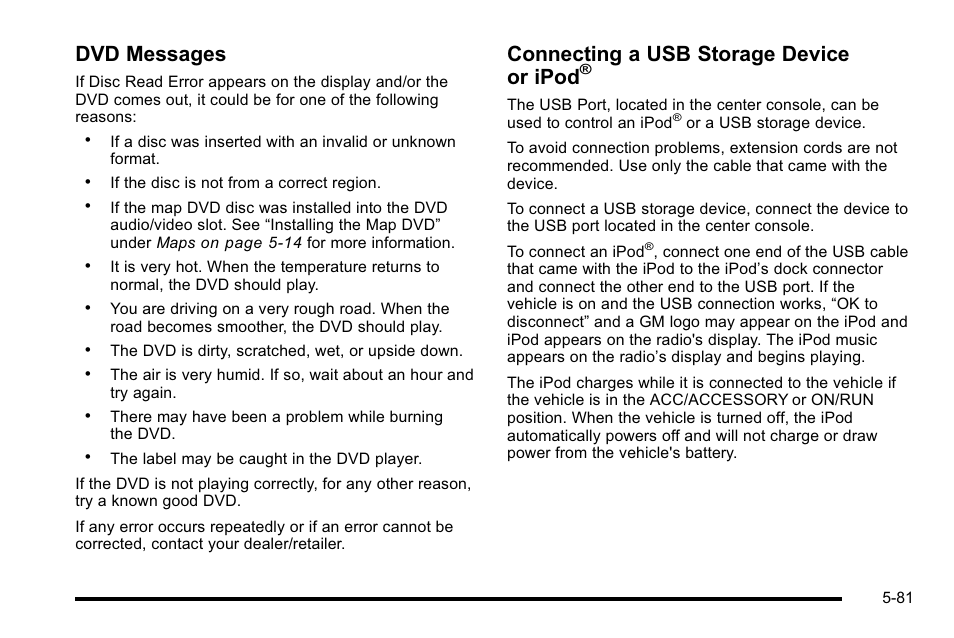 Dvd messages, Connecting a usb storage device or ipod | Cadillac 2010 Escalade EXT User Manual | Page 351 / 580