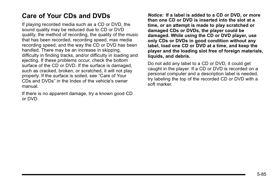 Care of your cds and dvds, Of your cds and dvds -85 | Cadillac 2010 Escalade EXT User Manual | Page 355 / 580