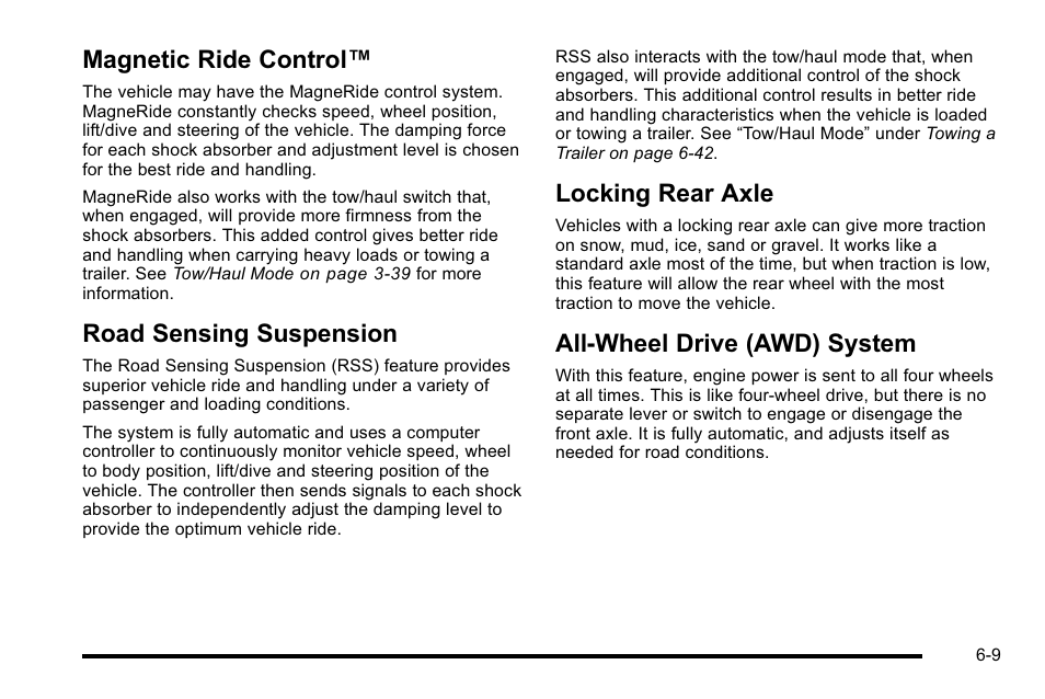 Magnetic ride control, Road sensing suspension, Locking rear axle | All-wheel drive (awd) system | Cadillac 2010 Escalade EXT User Manual | Page 369 / 580