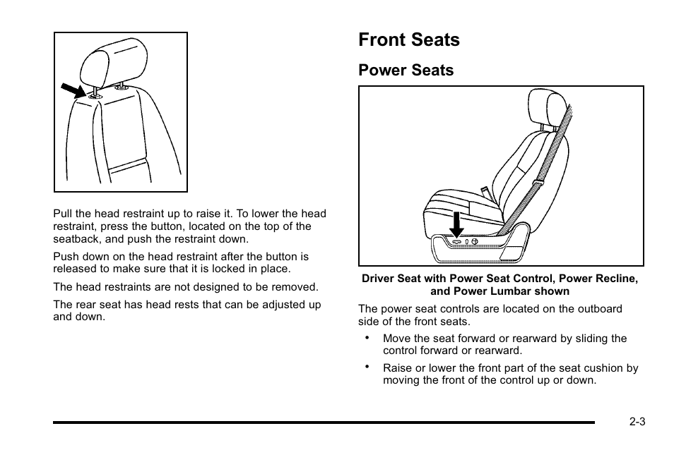 Front seats, Power seats, Front seats -3 | Climate controls, Power seats -3 | Cadillac 2010 Escalade EXT User Manual | Page 37 / 580