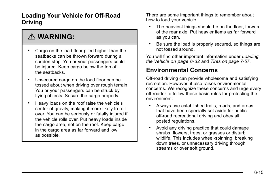 Warning, Loading your vehicle for off-road driving, Environmental concerns | Cadillac 2010 Escalade EXT User Manual | Page 375 / 580