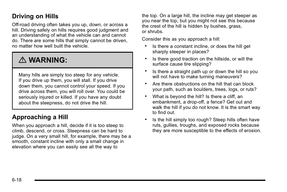 Warning, Driving on hills, Approaching a hill | Cadillac 2010 Escalade EXT User Manual | Page 378 / 580