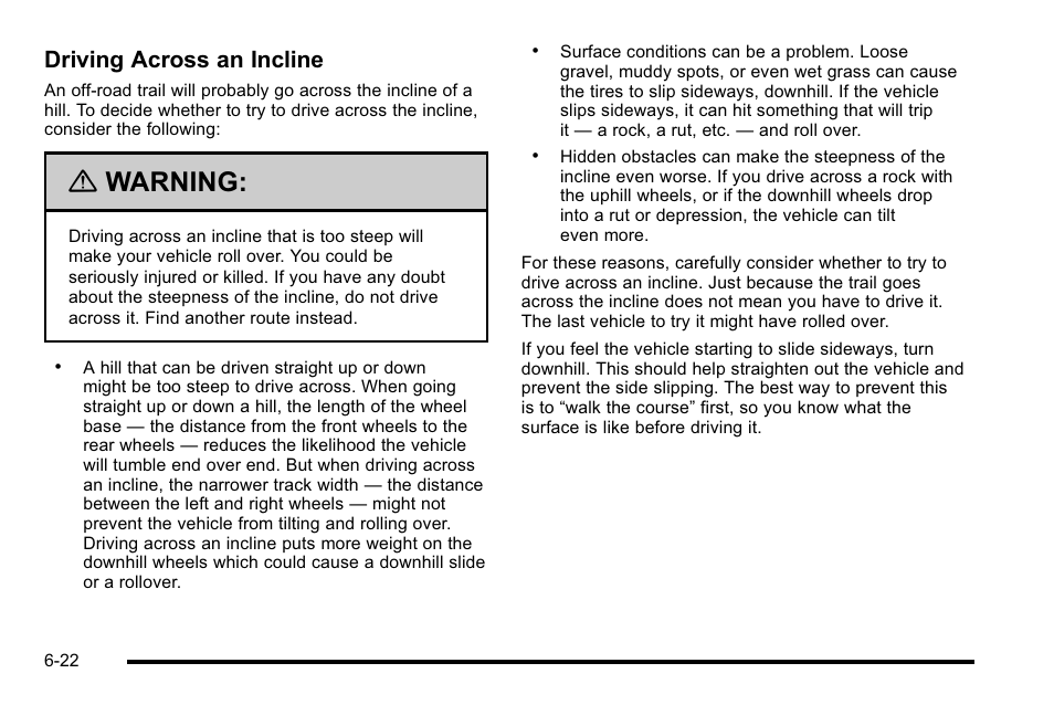 Warning, Driving across an incline | Cadillac 2010 Escalade EXT User Manual | Page 382 / 580