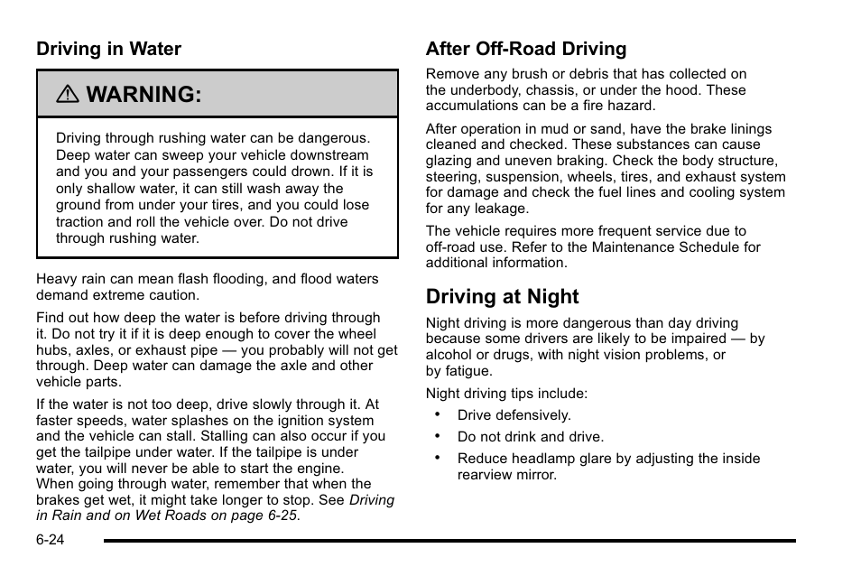 Driving at night, Driving at night -24, Warning | Driving in water, After off-road driving | Cadillac 2010 Escalade EXT User Manual | Page 384 / 580