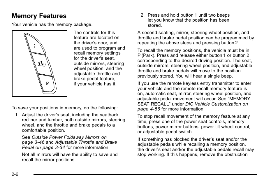 Memory features, Memory features -6 | Cadillac 2010 Escalade EXT User Manual | Page 40 / 580