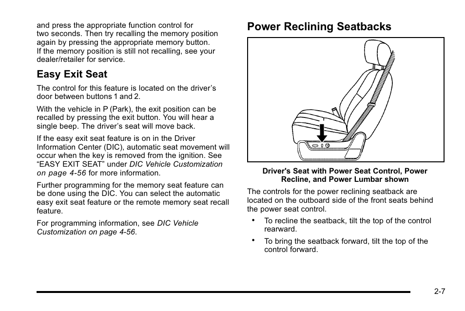 Power reclining seatbacks, Power reclining seatbacks -7, Easy exit seat | Cadillac 2010 Escalade EXT User Manual | Page 41 / 580