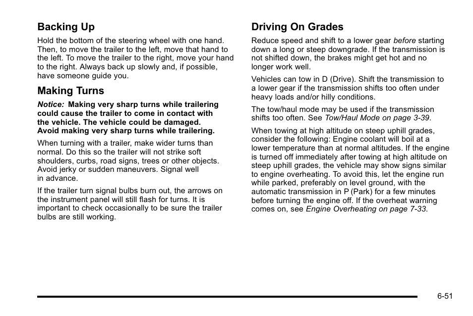 Backing up, Making turns, Driving on grades | Cadillac 2010 Escalade EXT User Manual | Page 411 / 580