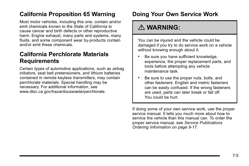 California proposition 65 warning, California perchlorate materials requirements, Doing your own service work | Requirements -5, Doing your own service work -5, Warning | Cadillac 2010 Escalade EXT User Manual | Page 419 / 580