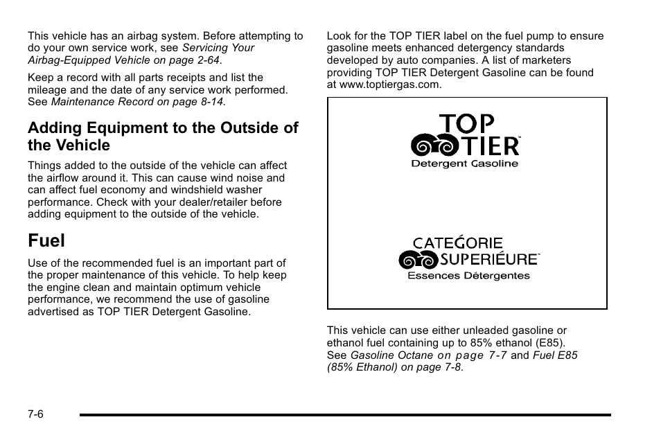 Adding equipment to the outside of the vehicle, Fuel, Fuel -6 | Capacities and, Adding equipment to the outside of the, Vehicle -6 | Cadillac 2010 Escalade EXT User Manual | Page 420 / 580