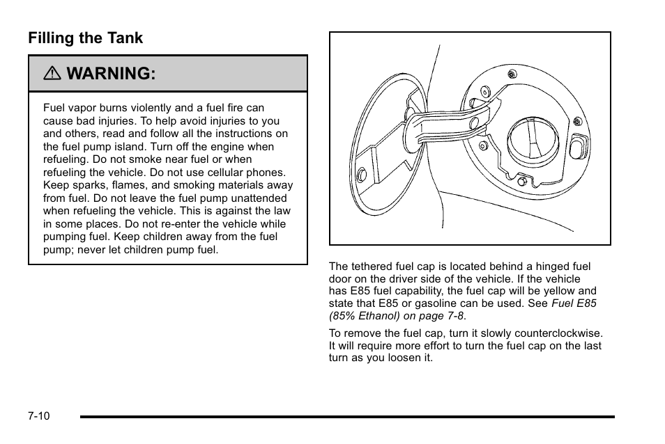 Filling the tank, Filling the tank -10, Warning | Cadillac 2010 Escalade EXT User Manual | Page 424 / 580