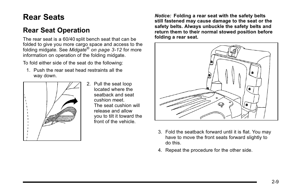 Rear seats, Rear seat operation, Rear seats -9 | Rear seat operation -9 | Cadillac 2010 Escalade EXT User Manual | Page 43 / 580