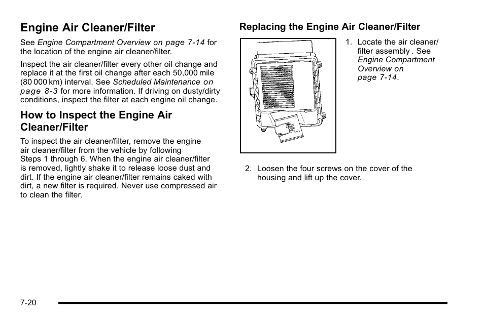 Engine air cleaner/filter, Engine air cleaner/filter -20, How to inspect the engine air cleaner/filter | Cadillac 2010 Escalade EXT User Manual | Page 434 / 580