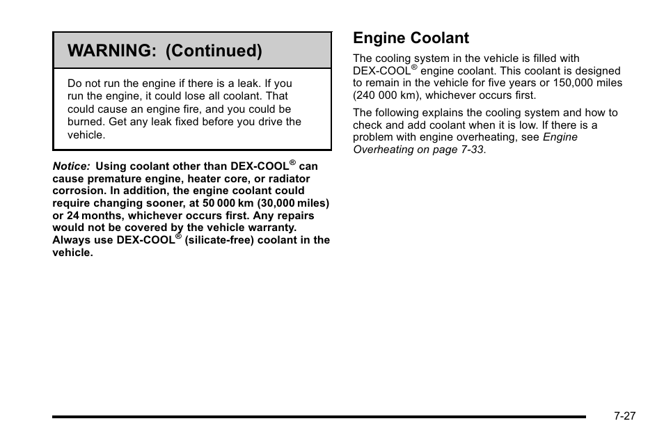 Engine coolant, Engine coolant -27, Warning: (continued) | Cadillac 2010 Escalade EXT User Manual | Page 441 / 580