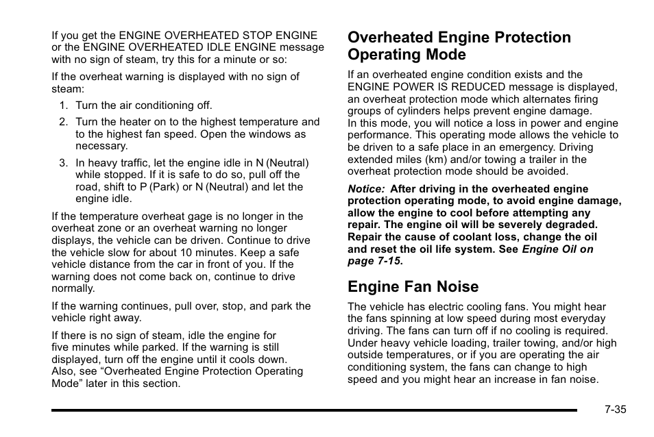 Overheated engine protection operating mode, Engine fan noise, Overheated engine protection | Operating mode -35, Engine fan noise -35 | Cadillac 2010 Escalade EXT User Manual | Page 449 / 580