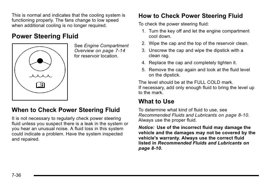 Power steering fluid, Power steering fluid -36, When to check power steering fluid | How to check power steering fluid, What to use | Cadillac 2010 Escalade EXT User Manual | Page 450 / 580