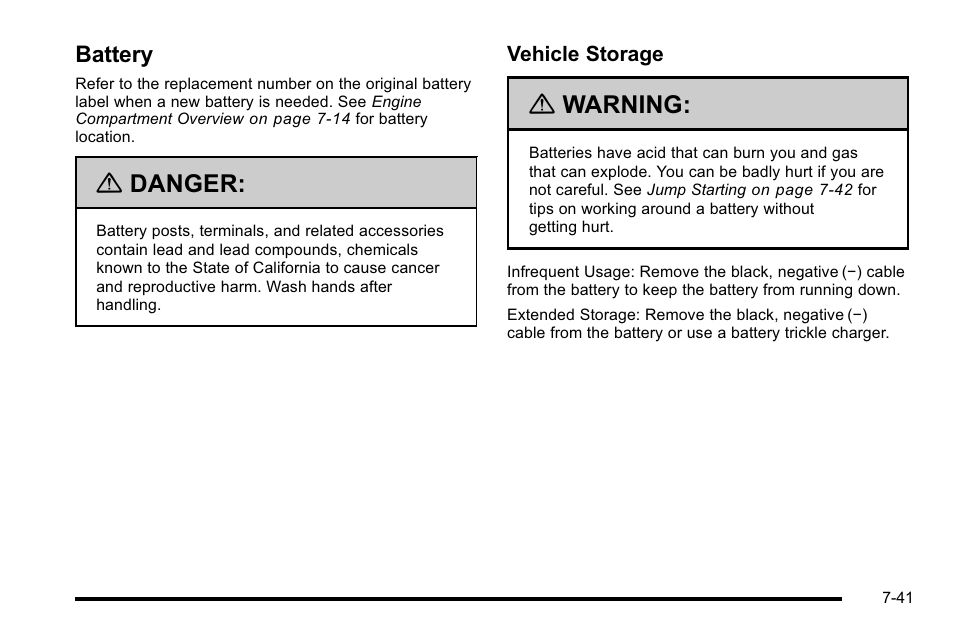 Battery, Battery -41, Danger | Warning | Cadillac 2010 Escalade EXT User Manual | Page 455 / 580