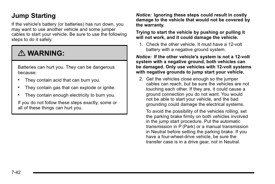 Jump starting, Jump starting -42, Warning | Cadillac 2010 Escalade EXT User Manual | Page 456 / 580