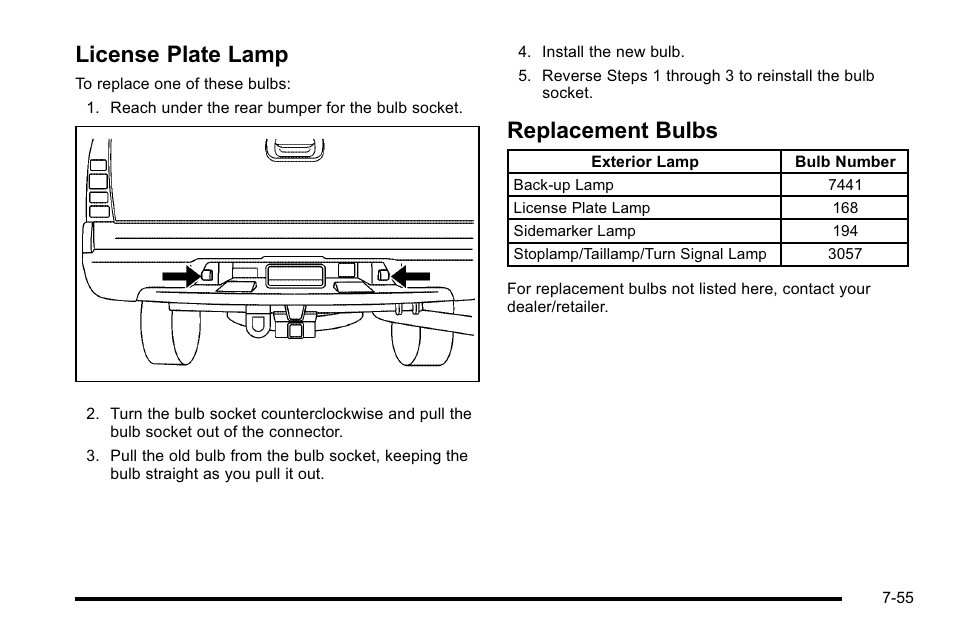 License plate lamp, Replacement bulbs, Plate lamp -55 replacement bulbs -55 | Cadillac 2010 Escalade EXT User Manual | Page 469 / 580