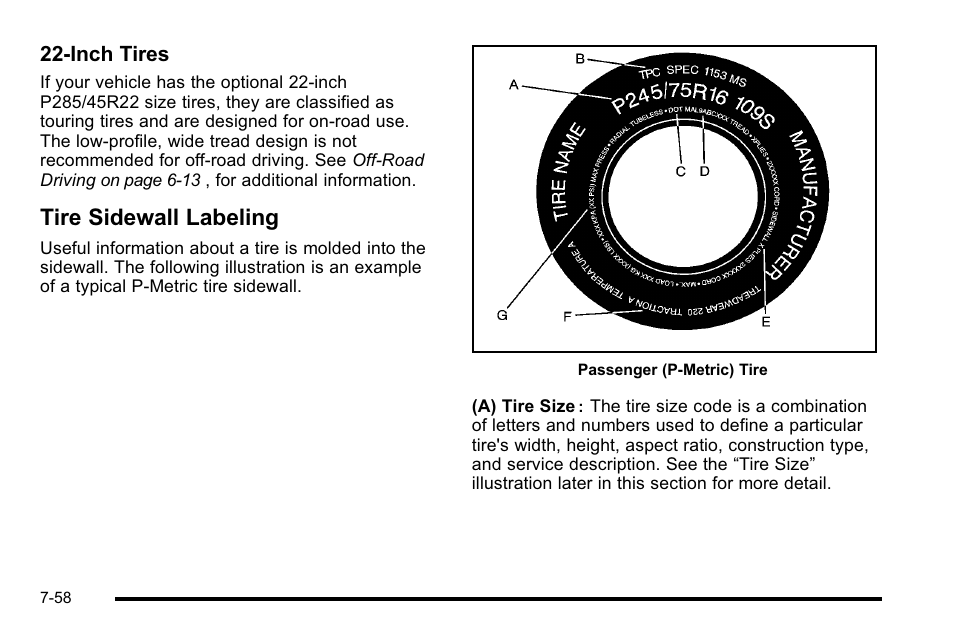 Tire sidewall labeling, Tire sidewall labeling -58, 22‐inch tires | Cadillac 2010 Escalade EXT User Manual | Page 472 / 580