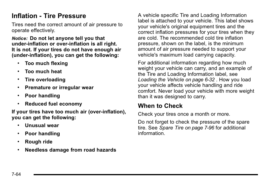 Inflation - tire pressure, Inflation - tire pressure -64, When to check | Cadillac 2010 Escalade EXT User Manual | Page 478 / 580