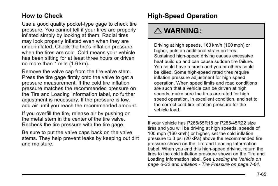 High-speed operation, High-speed operation -65, Warning | Cadillac 2010 Escalade EXT User Manual | Page 479 / 580