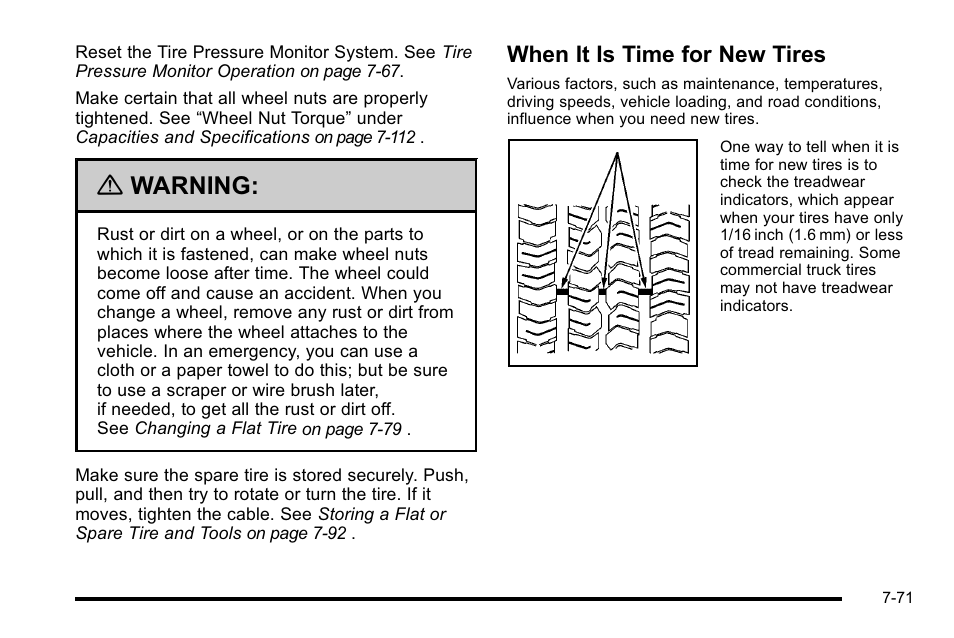 When it is time for new tires, When it is time for new tires -71, Warning | Cadillac 2010 Escalade EXT User Manual | Page 485 / 580