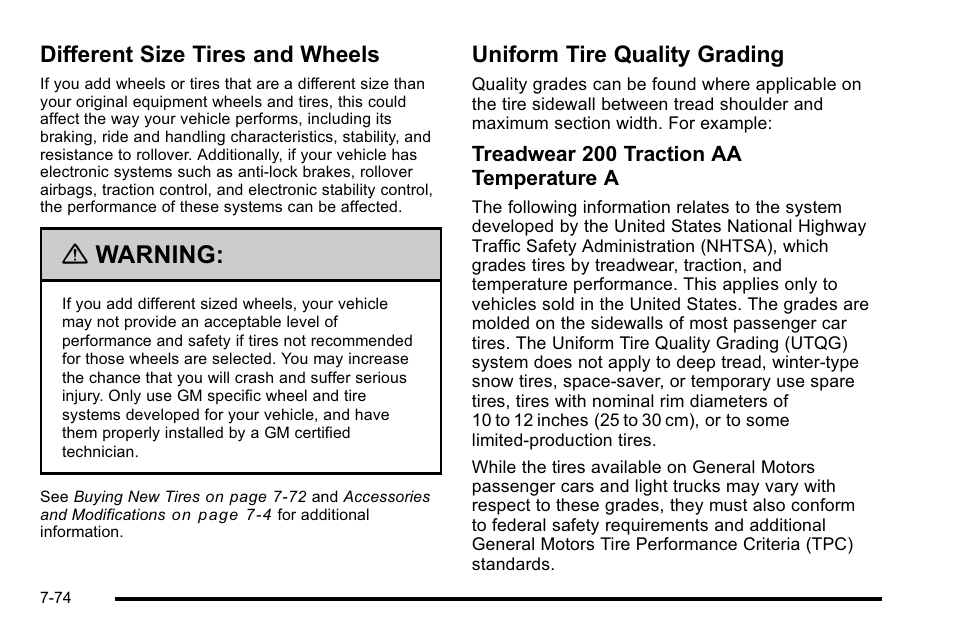 Different size tires and wheels, Uniform tire quality grading, Finish | Warning | Cadillac 2010 Escalade EXT User Manual | Page 488 / 580