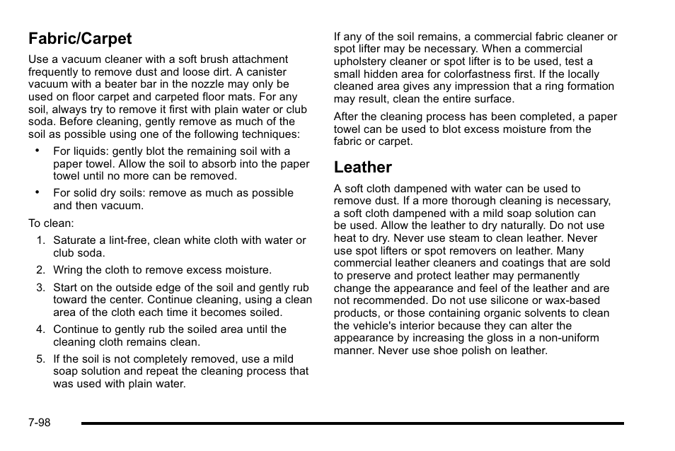 Fabric/carpet, Leather, Fabric/carpet -98 leather -98 | Cadillac 2010 Escalade EXT User Manual | Page 512 / 580