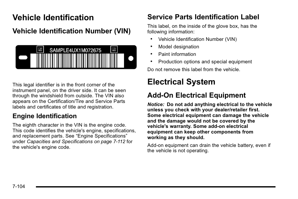 Vehicle identification, Vehicle identification number (vin), Service parts identification label | Electrical system, Add-on electrical equipment, Vehicle identification -104, System -104, Electrical system -104, Add-on electrical equipment -104, Engine identification | Cadillac 2010 Escalade EXT User Manual | Page 518 / 580