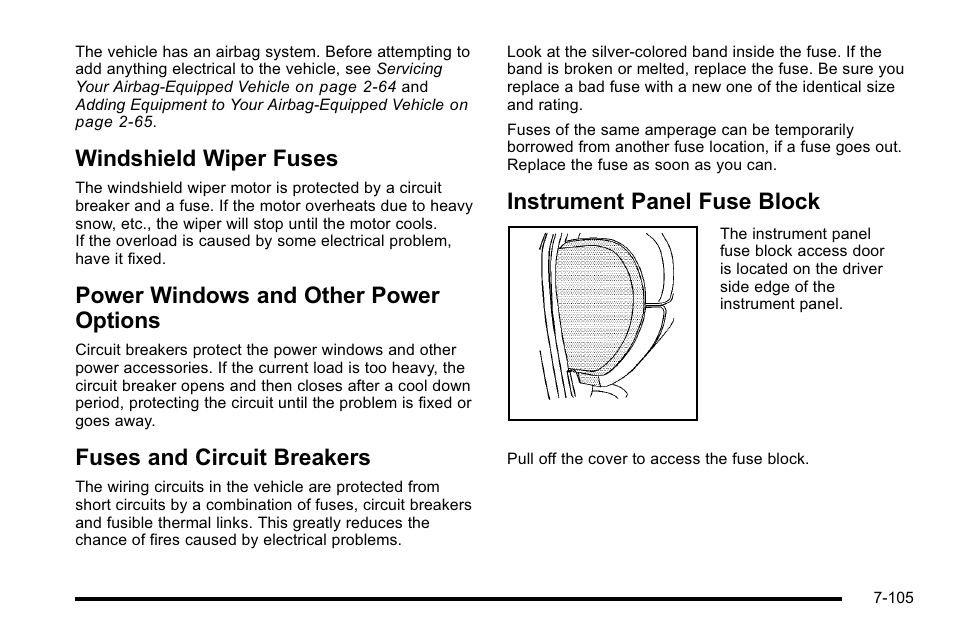 Windshield wiper fuses, Power windows and other power options, Fuses and circuit breakers | Instrument panel fuse block, Instrument panel fuse block -105 | Cadillac 2010 Escalade EXT User Manual | Page 519 / 580