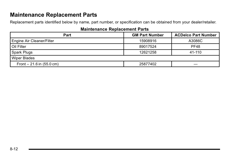 Maintenance replacement parts, Maintenance replacement parts -12 | Cadillac 2010 Escalade EXT User Manual | Page 540 / 580