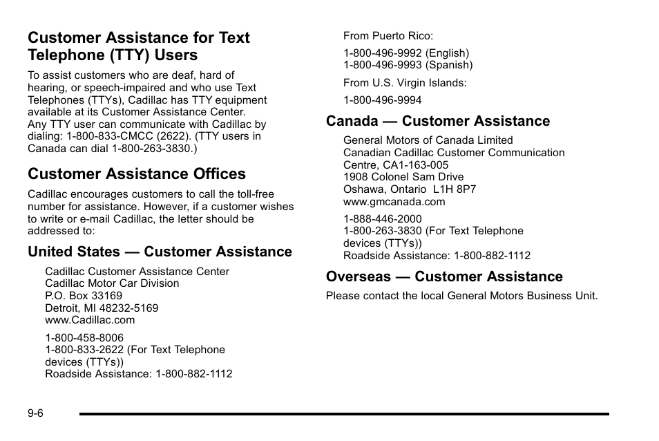 Customer assistance for text telephone (tty) users, Customer assistance offices, Customer assistance for | Text telephone (tty) users -6, Customer assistance offices -6, Reporting, United states — customer assistance, Canada — customer assistance, Overseas — customer assistance | Cadillac 2010 Escalade EXT User Manual | Page 550 / 580