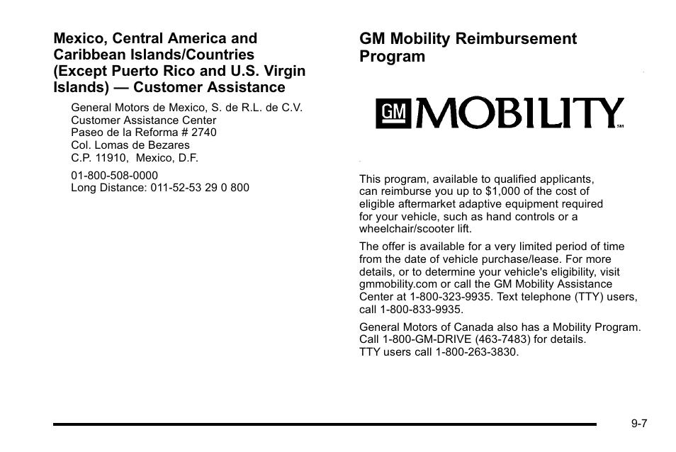 Gm mobility reimbursement program, Gm mobility reimbursement program -7 | Cadillac 2010 Escalade EXT User Manual | Page 551 / 580