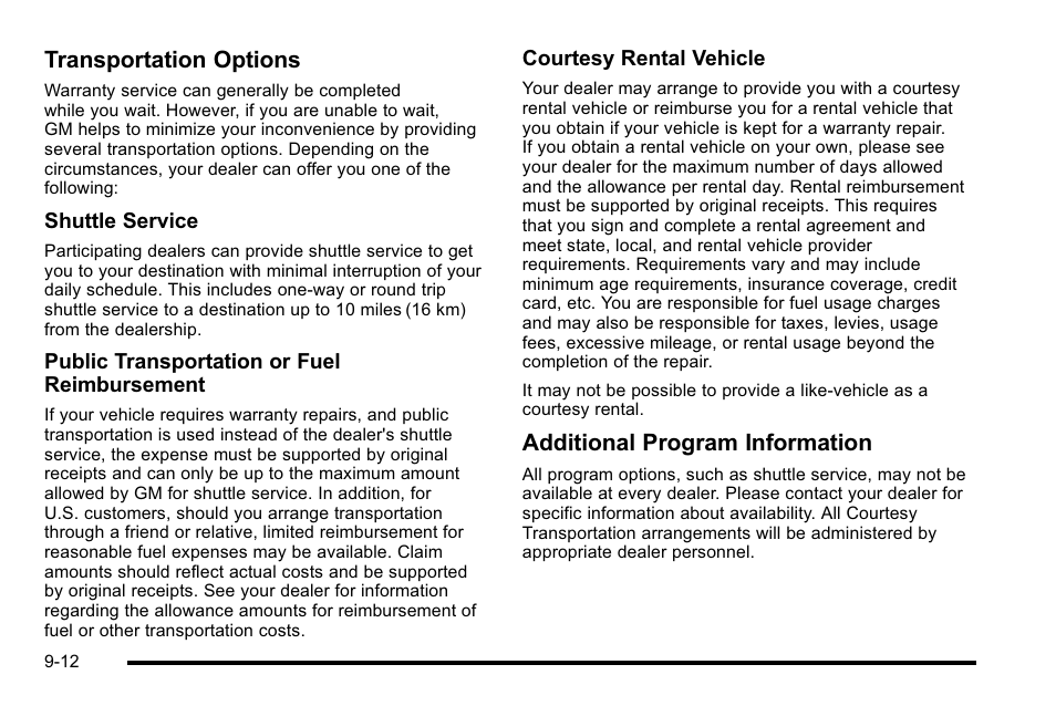 Transportation options, Additional program information | Cadillac 2010 Escalade EXT User Manual | Page 556 / 580