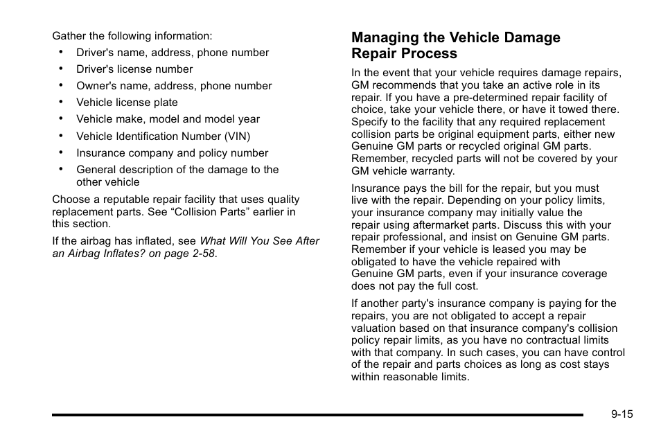 Managing the vehicle damage repair process | Cadillac 2010 Escalade EXT User Manual | Page 559 / 580