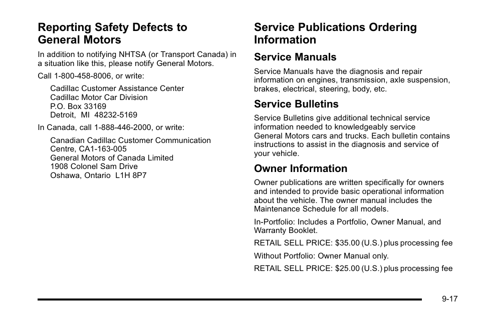 Reporting safety defects to general motors, Service publications ordering information, Service manuals | Service bulletins, Owner information | Cadillac 2010 Escalade EXT User Manual | Page 561 / 580