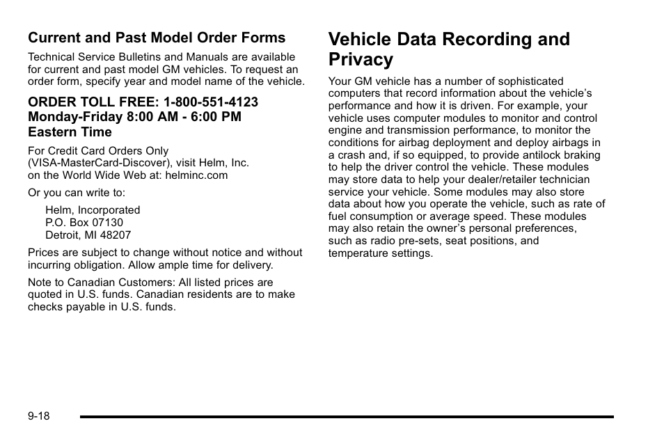 Vehicle data recording and privacy, Vehicle data recording and privacy -18, Recording and privacy -18 | Current and past model order forms | Cadillac 2010 Escalade EXT User Manual | Page 562 / 580