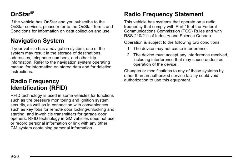 Onstar, Navigation system, Radio frequency identification (rfid) | Radio frequency statement | Cadillac 2010 Escalade EXT User Manual | Page 564 / 580