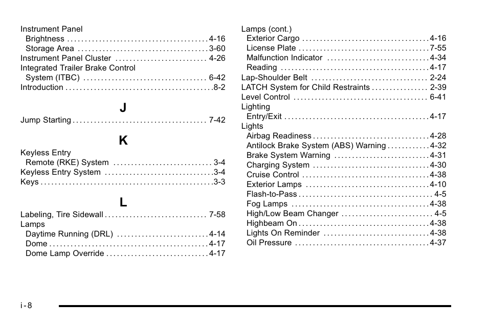 Index_j, Index_k, Index_l | Cadillac 2010 Escalade EXT User Manual | Page 572 / 580