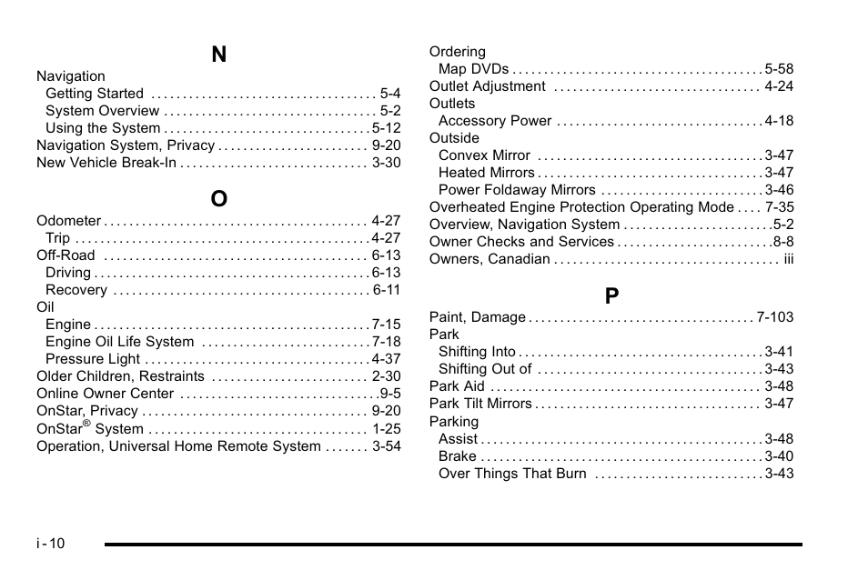 Index_n, Index_o, Index_p | Cadillac 2010 Escalade EXT User Manual | Page 574 / 580