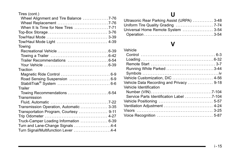 Index_u, Index_v | Cadillac 2010 Escalade EXT User Manual | Page 579 / 580