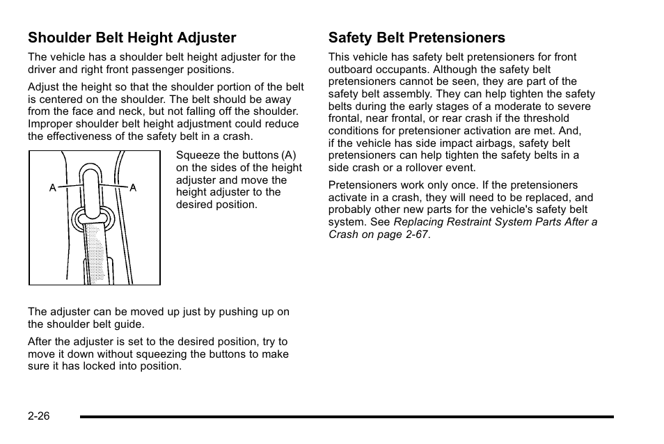 Shoulder belt height adjuster, Safety belt pretensioners | Cadillac 2010 Escalade EXT User Manual | Page 60 / 580