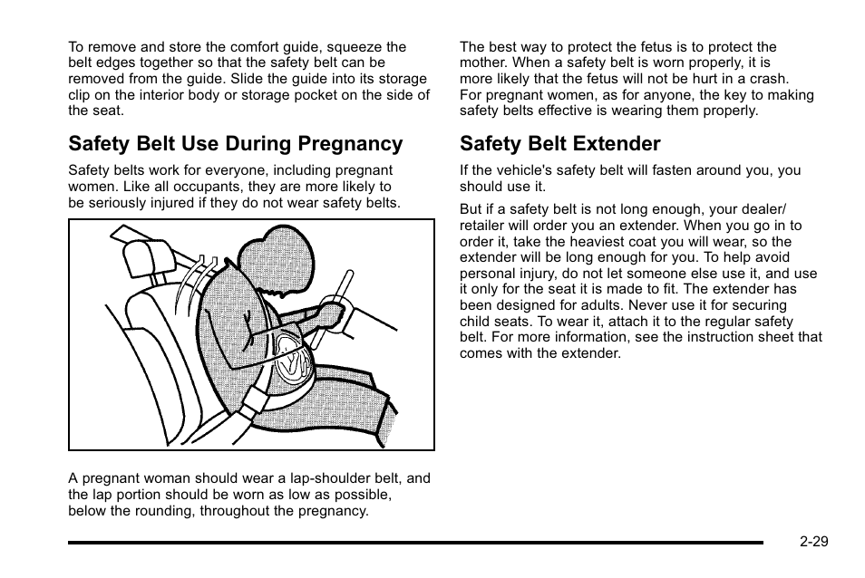 Safety belt use during pregnancy, Safety belt extender | Cadillac 2010 Escalade EXT User Manual | Page 63 / 580