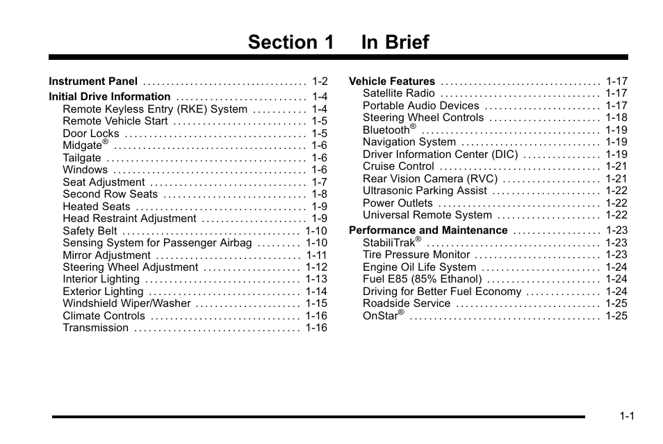 In brief, In brief -1 | Cadillac 2010 Escalade EXT User Manual | Page 7 / 580