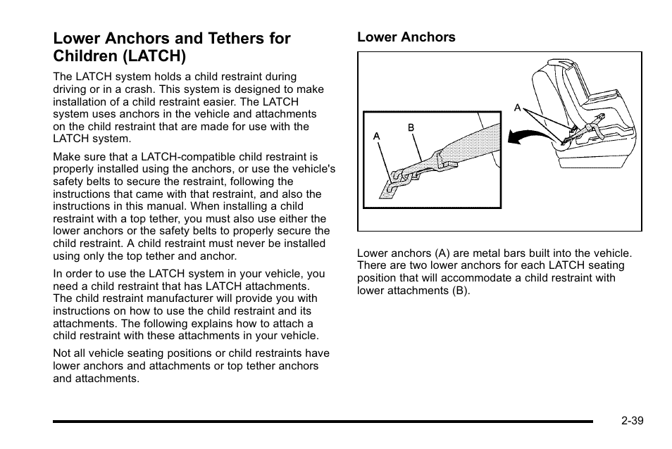 Lower anchors and tethers for children (latch), Lower anchors and tethers for children, Latch) -39 | Cadillac 2010 Escalade EXT User Manual | Page 73 / 580