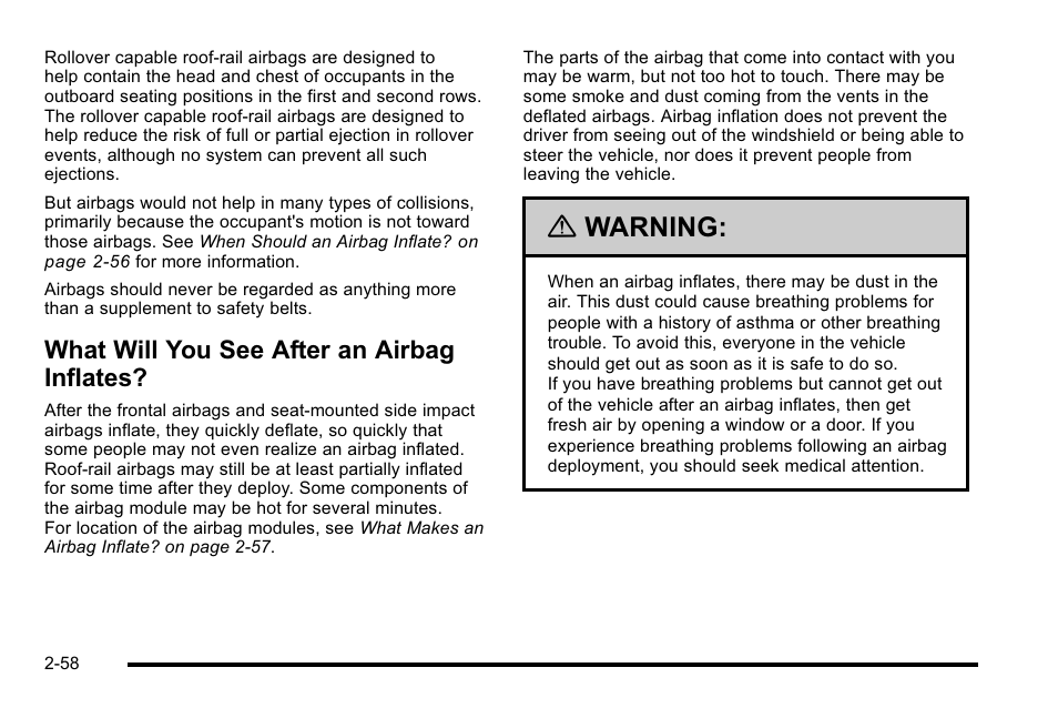 What will you see after an airbag inflates, What will you see after an airbag inflates? -58, Warning | Cadillac 2010 Escalade EXT User Manual | Page 92 / 580